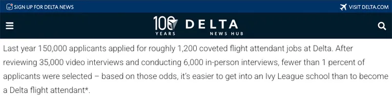Last year, 150,000 applicants applied for roughly 1,200 coveted flight attendant jobs at Delta. After reviewing 35,000 video interviews and conducting 6,000 in-person interviews, fewer than 1% of applicants were selected - based on those odds, it's easier to get into an Ivy League school than to become a Delta flight attendant.